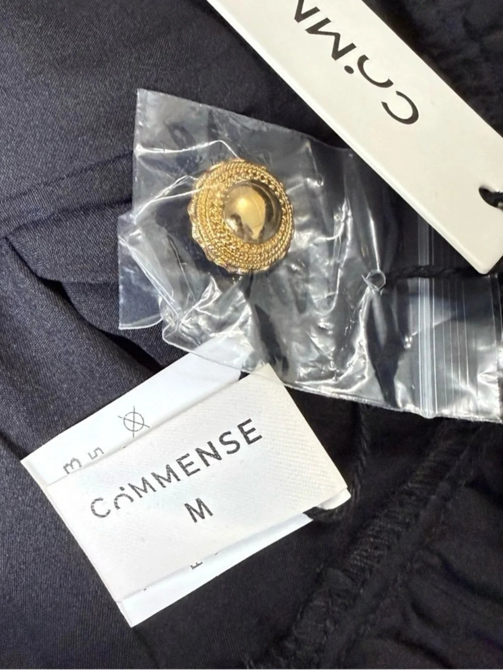 Commense Black Structured Mini Dress Gold Button Pocket Bubble Hem Medium NWT - Picture 6 of 8